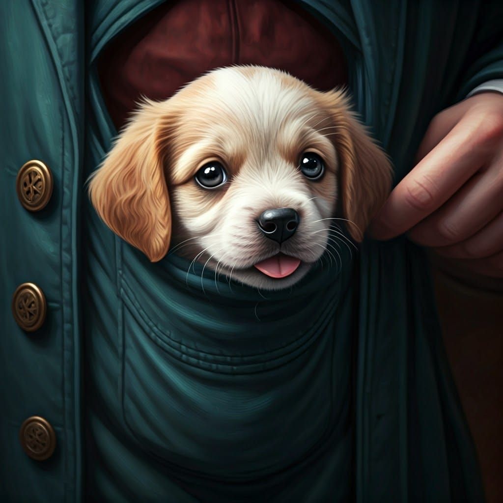 Whimsical Puppy Peek from a Coat Pocket in Soft, Golden Ligh...