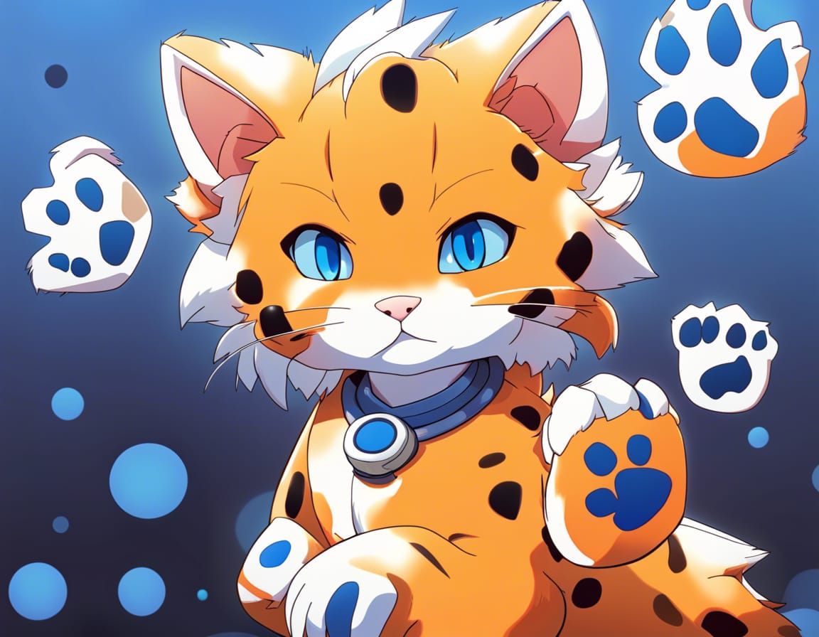 Orange Jaguar Cub with Blue Paw Prints in Anime Style