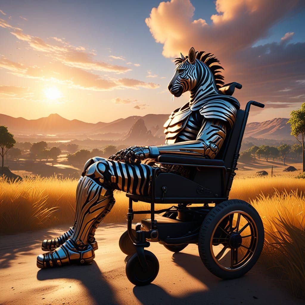 Surreal Fantasy Portrait of a Zebra-Human in a High-Tech Whe...