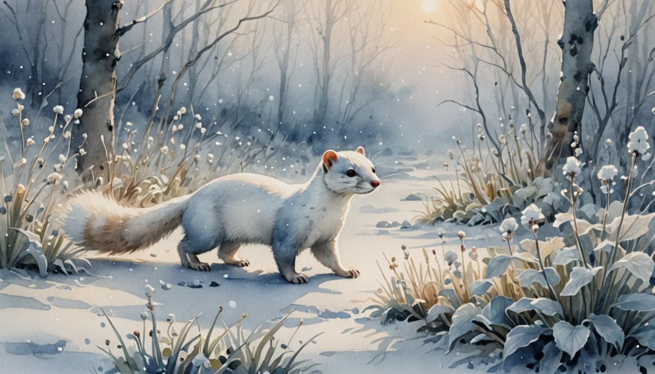 Weasel in Snowy Landscape Watercolor Painting