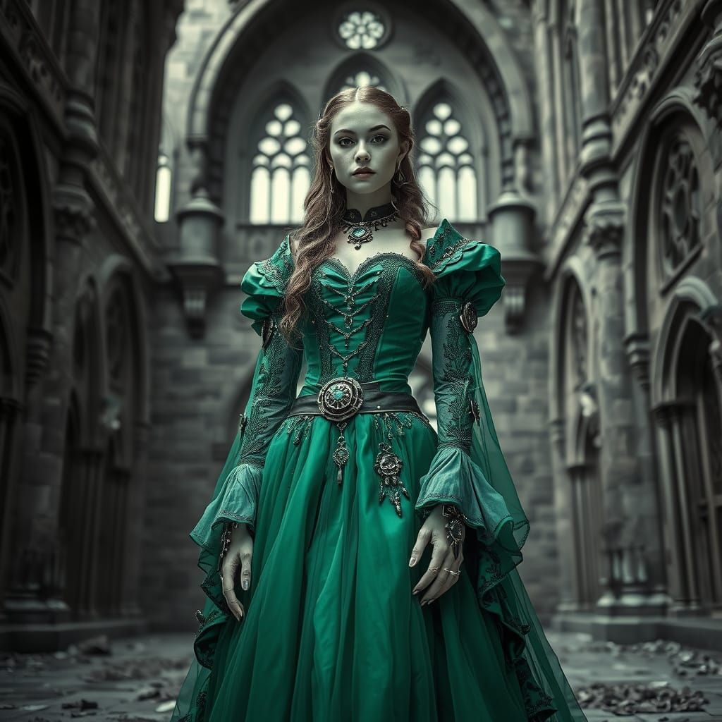 Steampunk Woman in Emerald Dress Amidst Castle