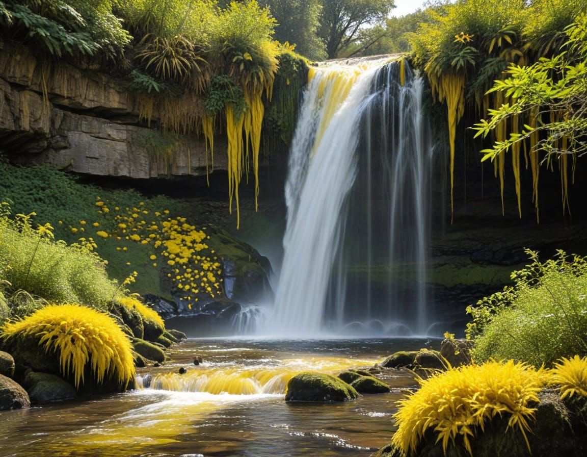 Vibrant Yellow Waterfall Landscape with Algae