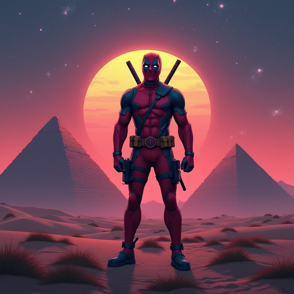 Deadpool at Egyptian Pyramids in Twilight Cosmic Art
