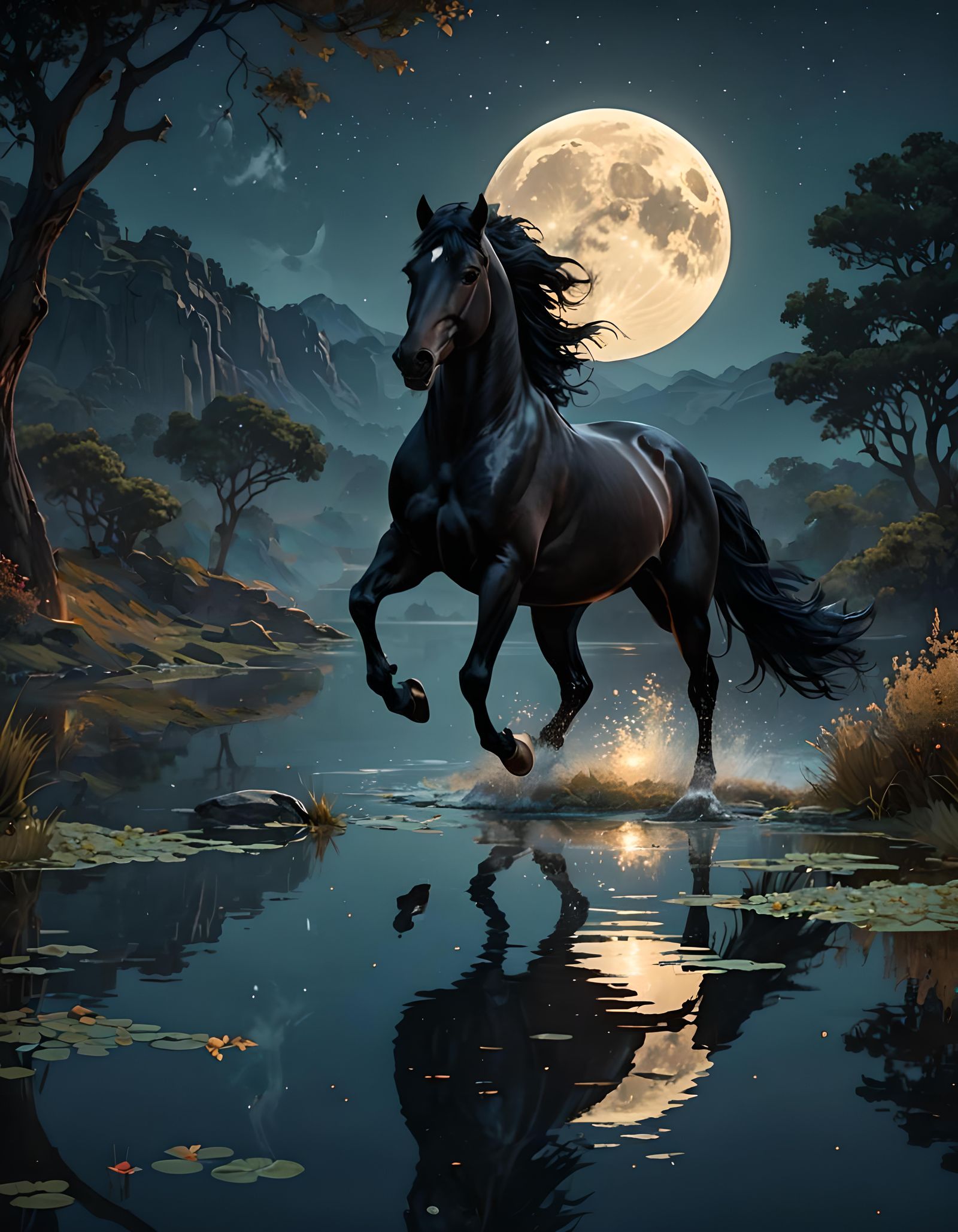Majestic Black Stallion at Moonlit Lake: Neo-Impressionism