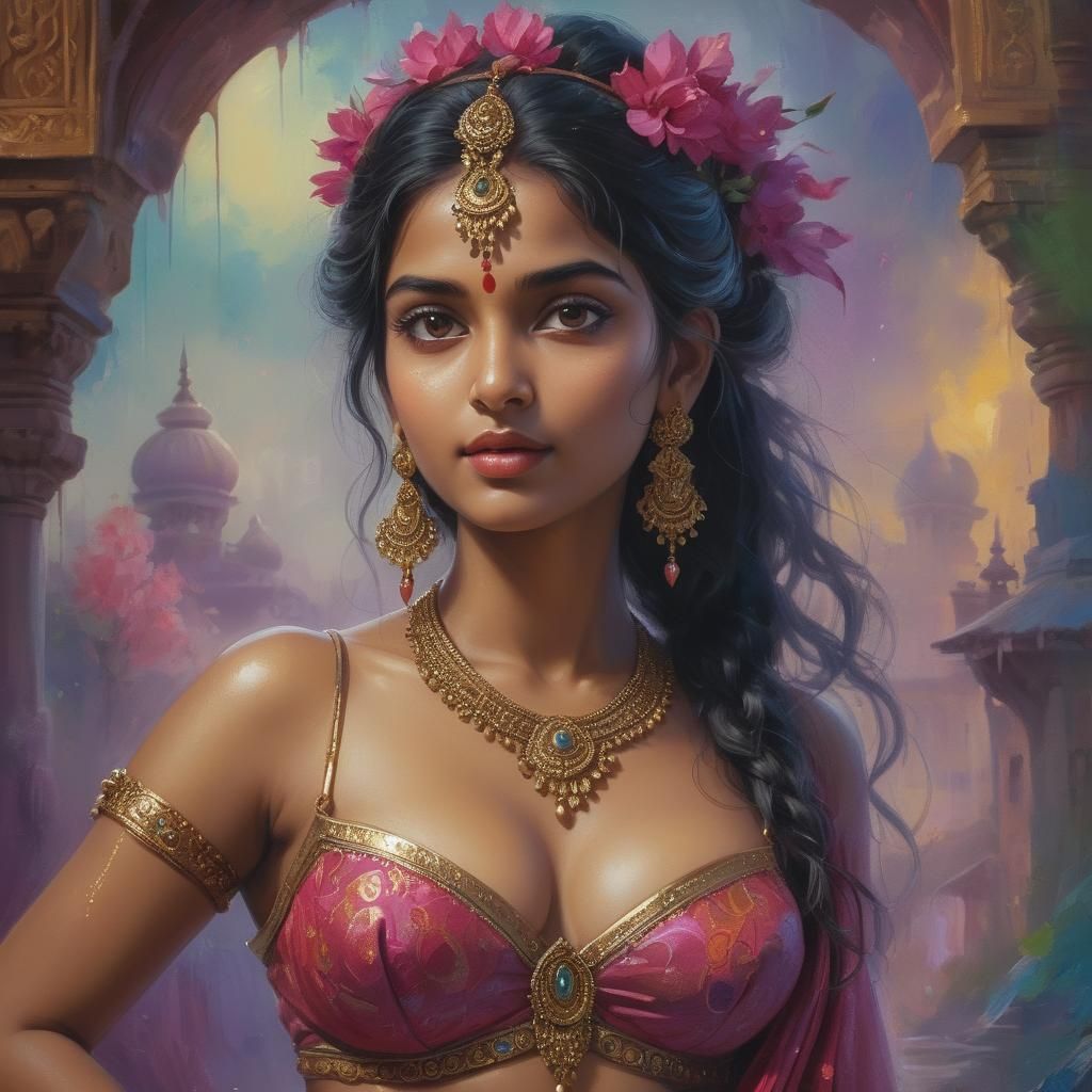 Voluptuous Indian Lady: Tempera Limpicka Oil Painting