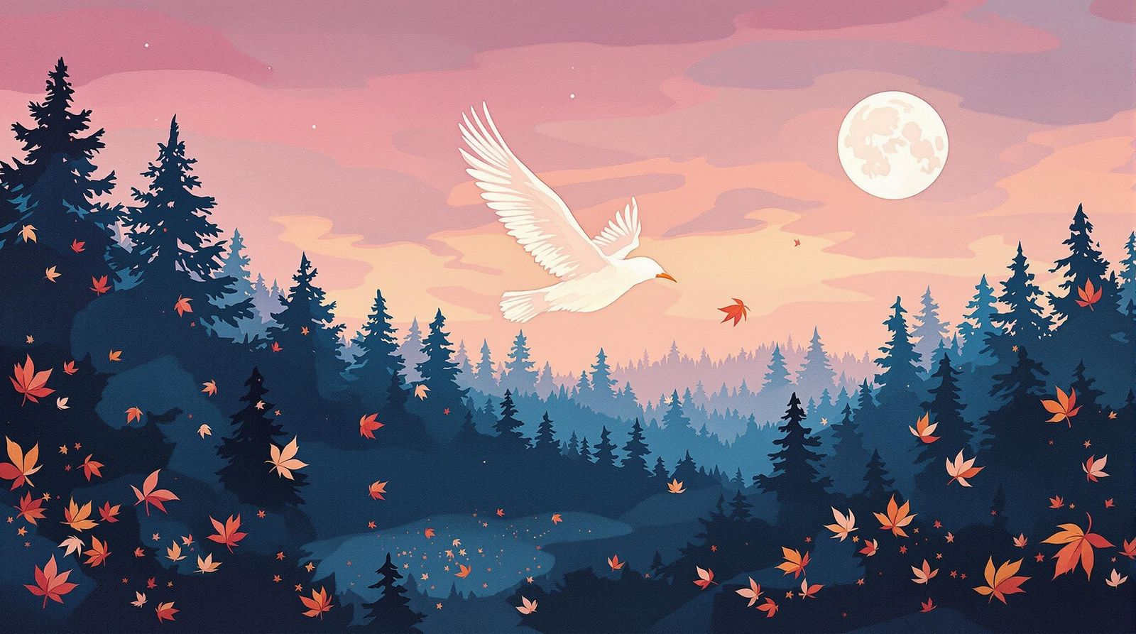 Impressionistic Forest Twilight Scene with Soaring Bird