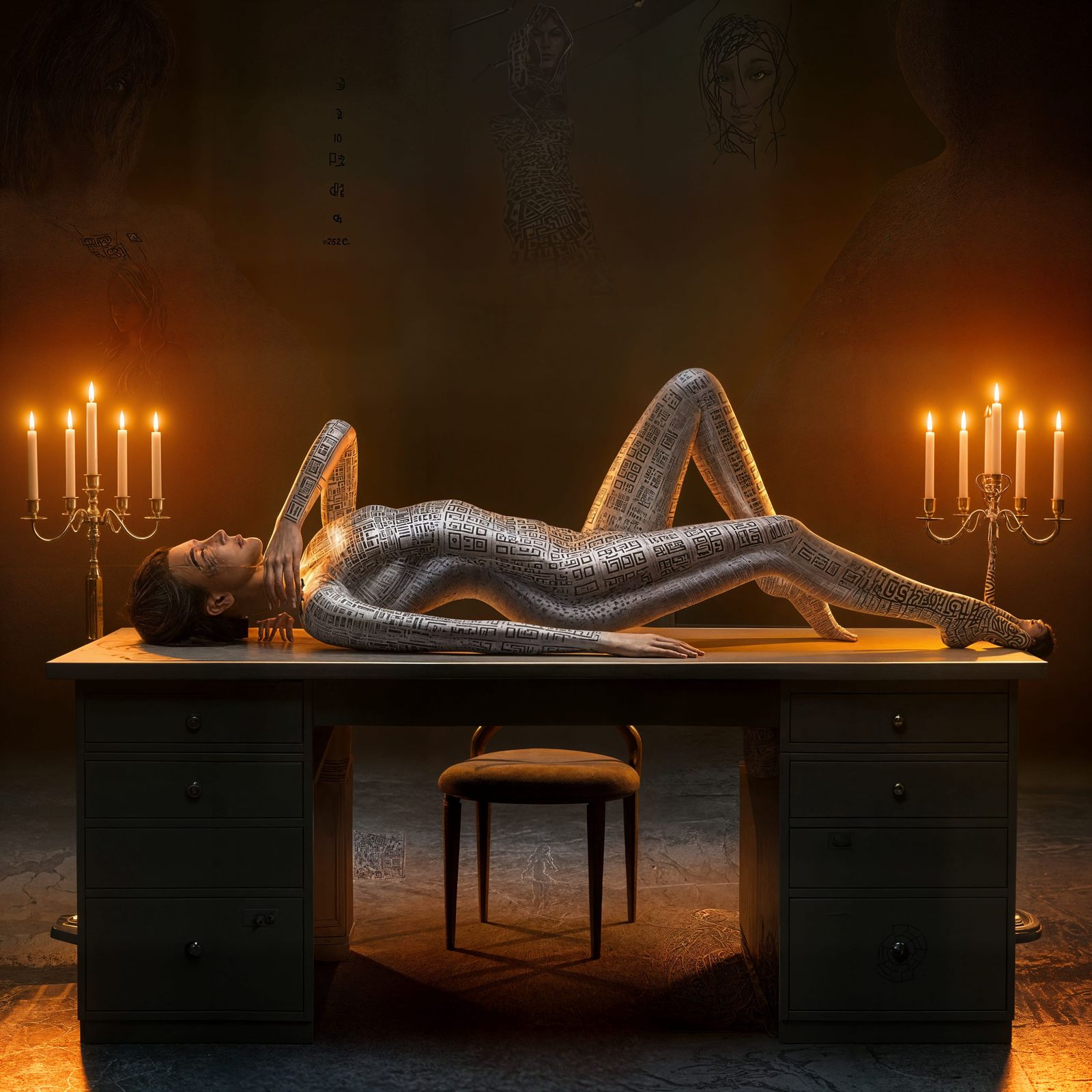 Ethereal Woman in Shimmering QR Code Pattern