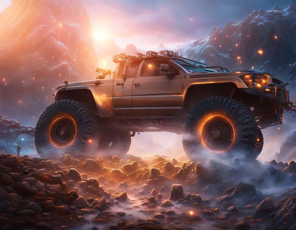 Offroad Truck Ascends Misty Mountain Trail