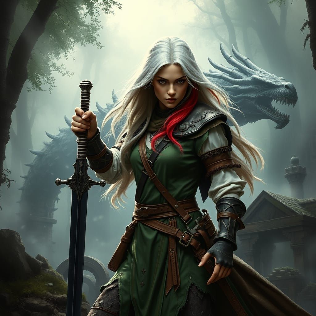 Mystical Female Ranger Confronts Bone Dragon in Foggy Forest