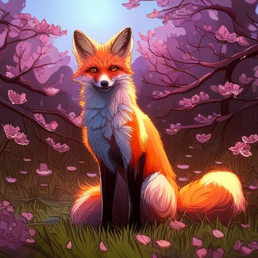 Fox with Cherry Blossoms in Art Nouveau Style