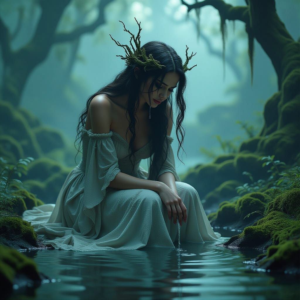 Surreal Transformation: Woman into Weeping Willow Tree