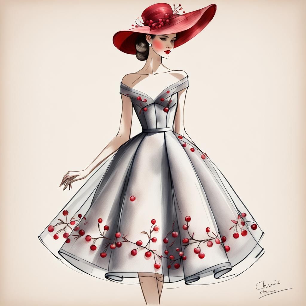 Haute Couture Cherry Dress Sketch in Organza