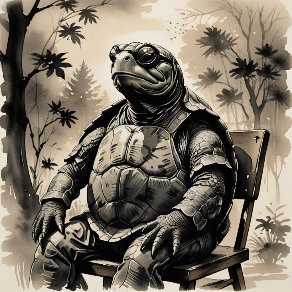 Melancholic Turtle in Sumi-e Ink Painting