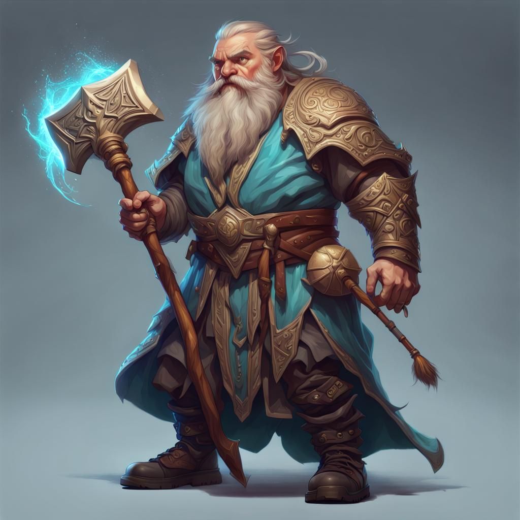 Fantasy Dwarf Mage with Magical Axe Staff