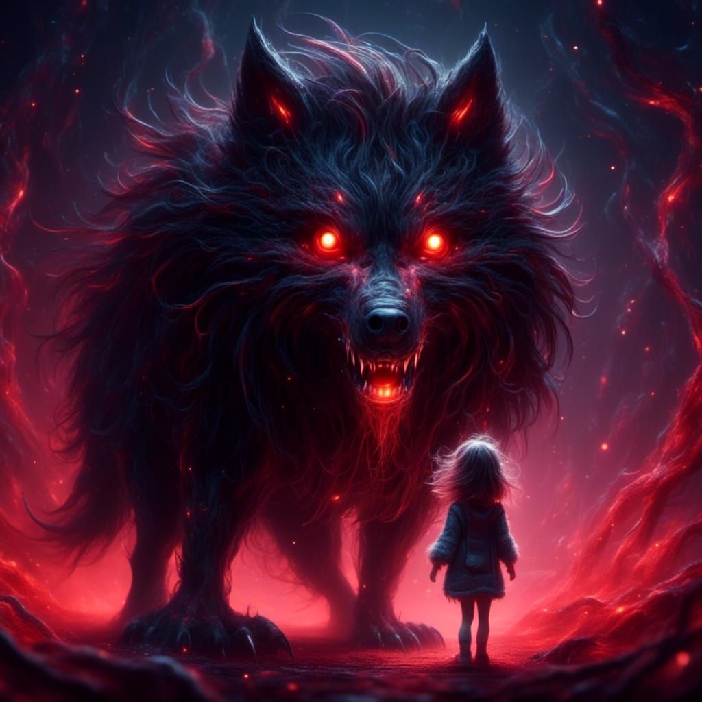 Girl and Dark Wolf Demon with Glowing Eyes