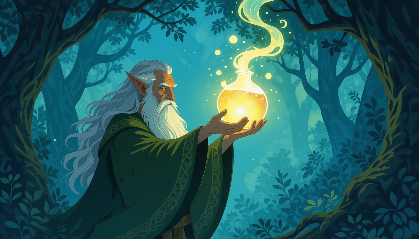 Druid Holds Glowing Potion in Enchanted Forest