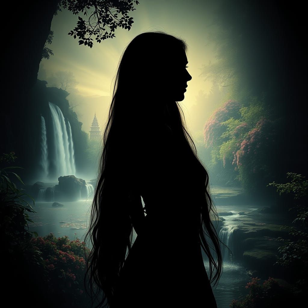 Silhouette with Temple Waterfalls and Garden Stream