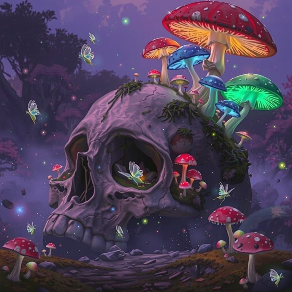 Surreal Skull Island with Bioluminescent Mushrooms