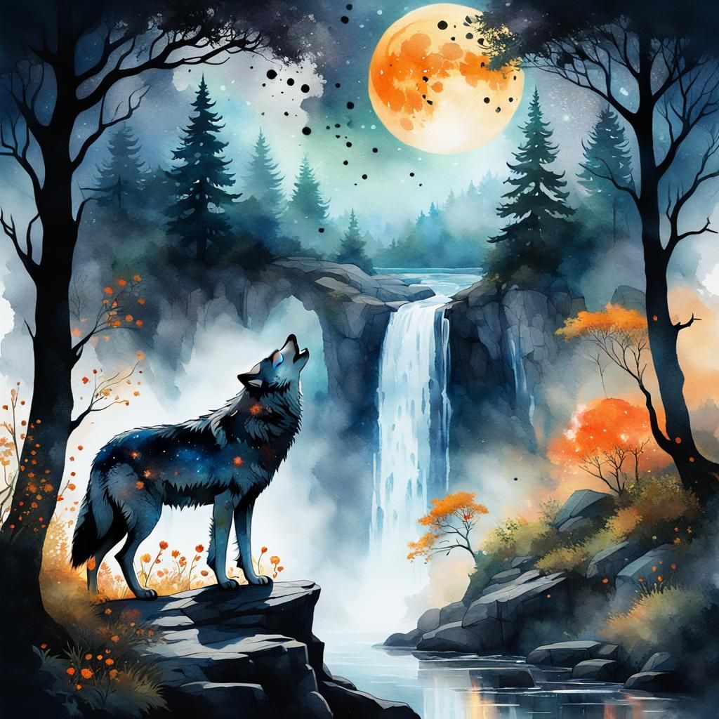 Wolf Howling at Orange Moon in Ink Splatter Art