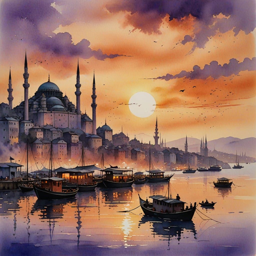 Vibrant Istanbul Sunset in Watercolor