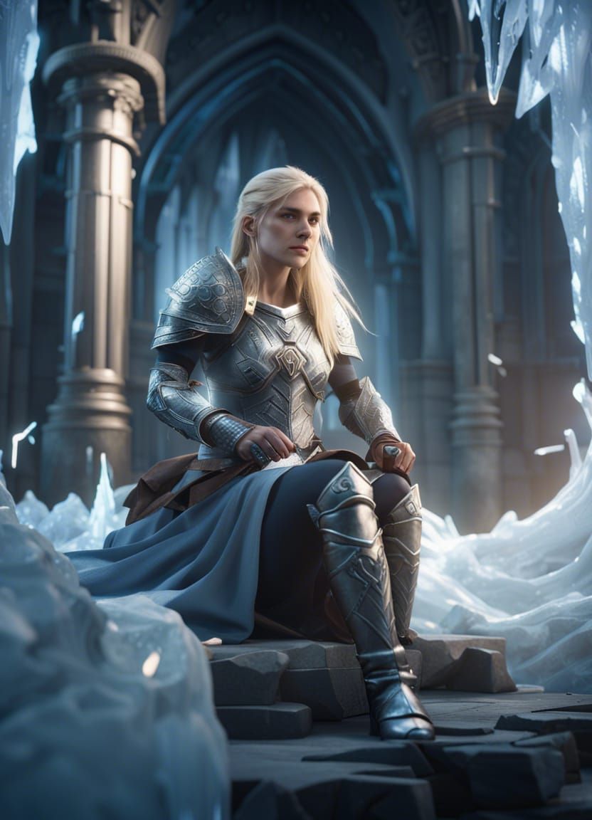 Ice Queen on Glass Throne in 3D Game Style
