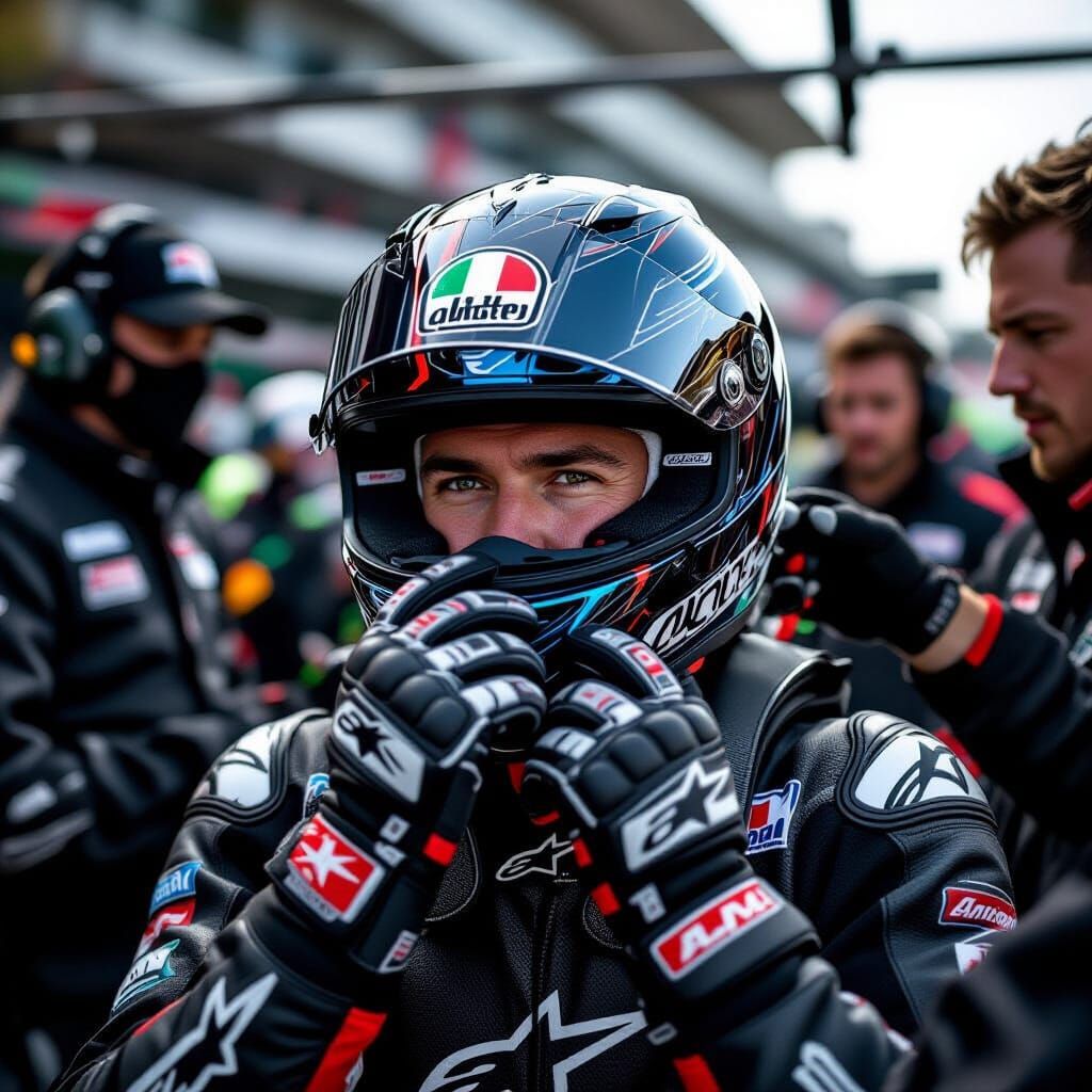 Racer Adjusts Helmet in Pit Stop: Cinematic Close-Up