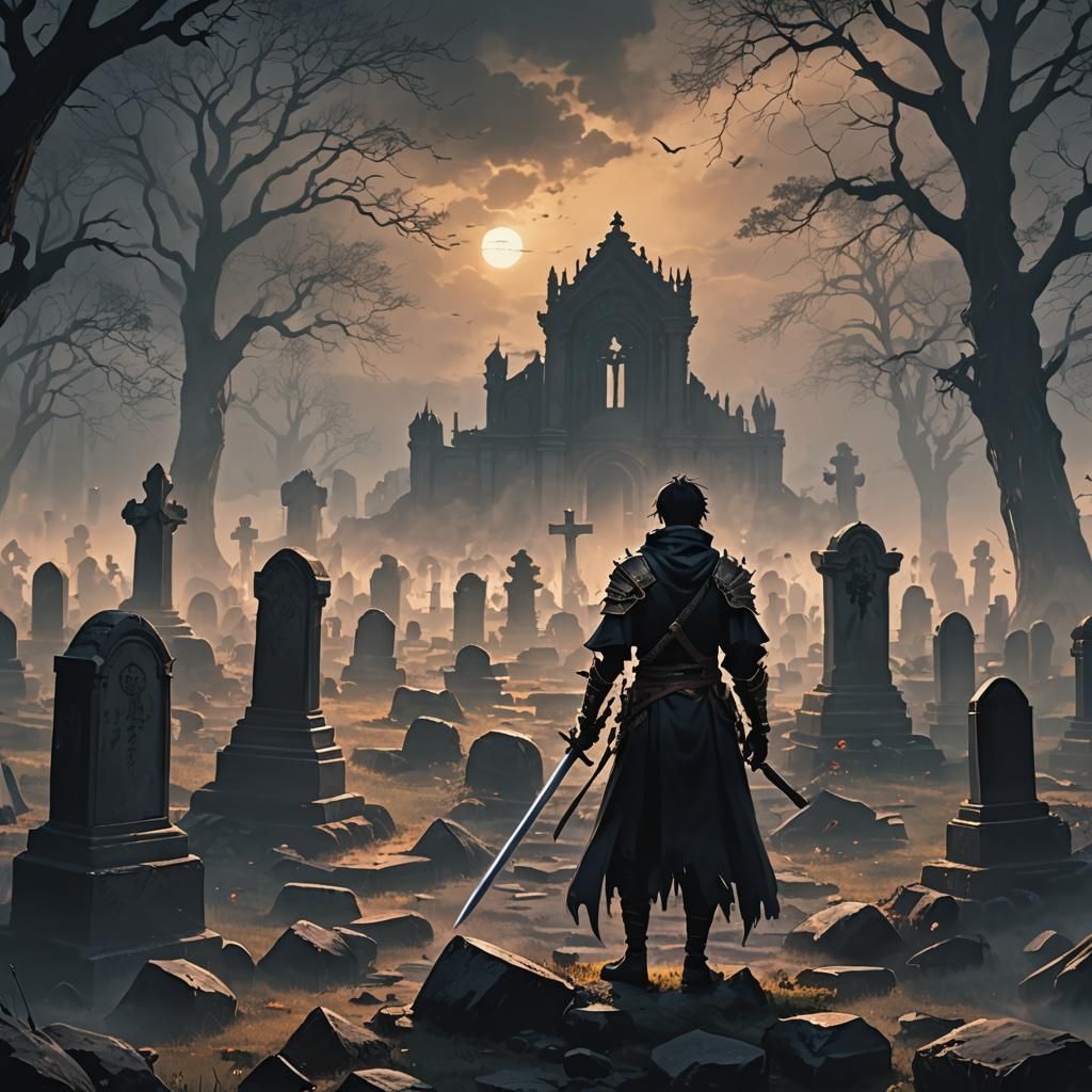 Swordsman in Undead Graveyard: Dark Fantasy Anime Art