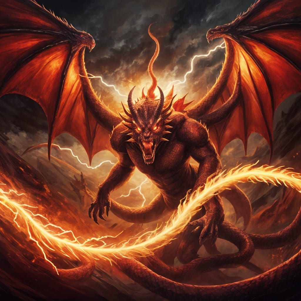 Demon in Fiery Eyes with Spreading Dragon Wings