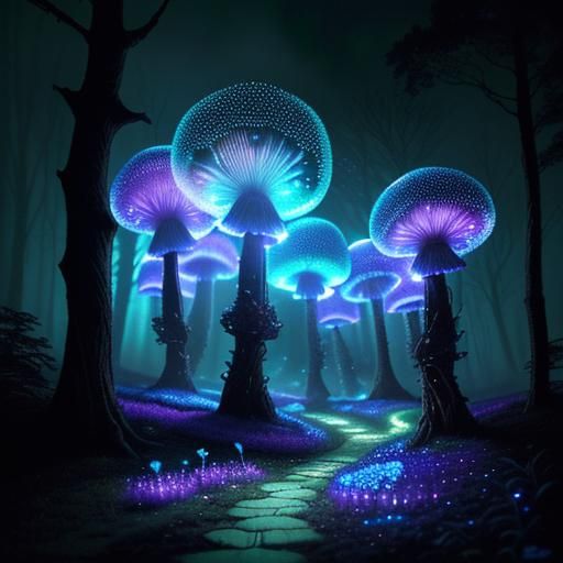 Magical Steampunk Landscape with Glowing Mushrooms