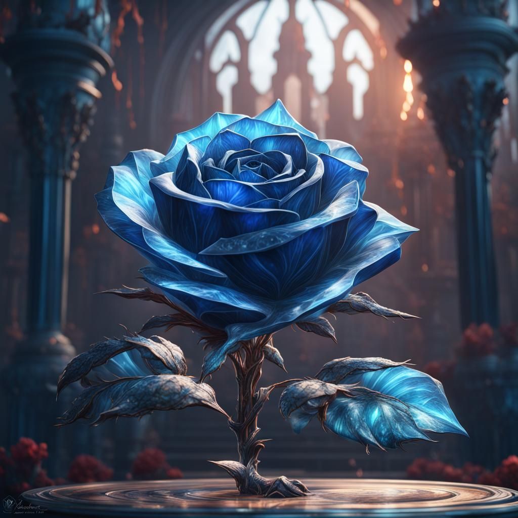 Detailed Blue Crystal Rose Digital Painting