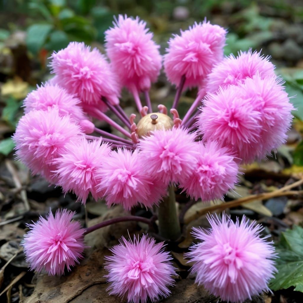 Pink Pom Pom Flower on Forest Floor