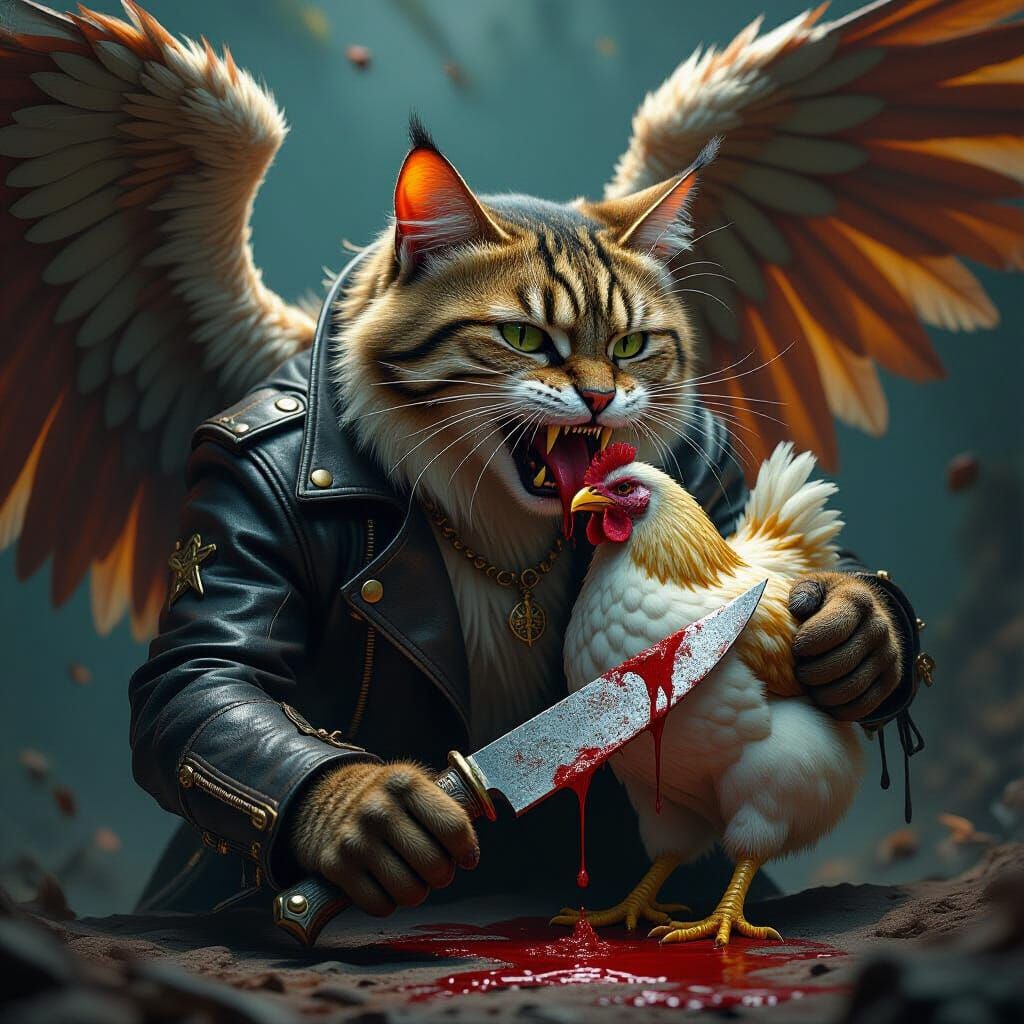 Giant Winged Cat Attacks Chicken with Knife
