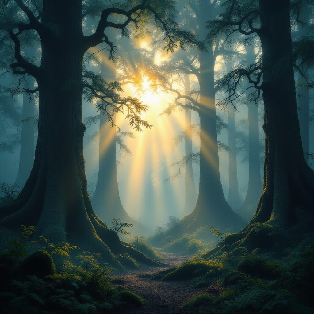Divine Light in Mystical Forest Temple of Silence