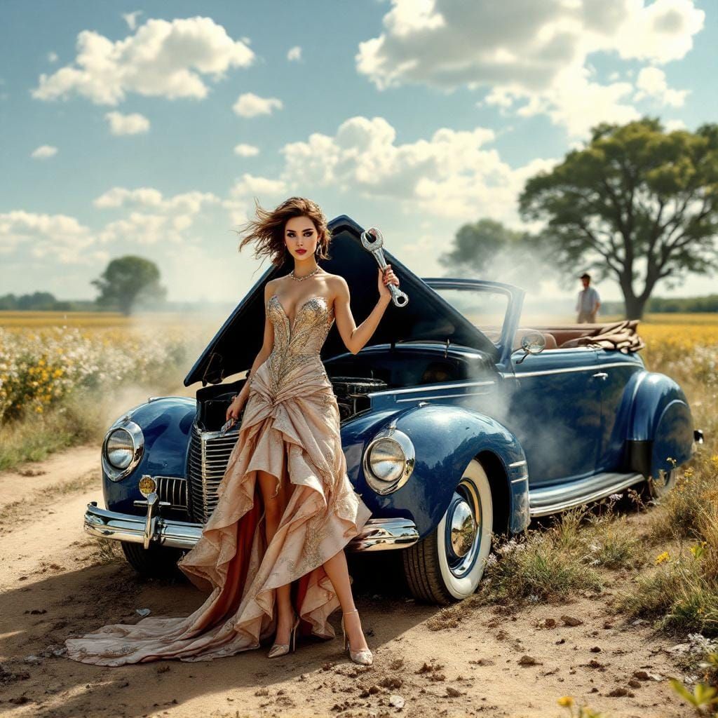 Princess Mechanic: Hyperrealistic Countryside Scene