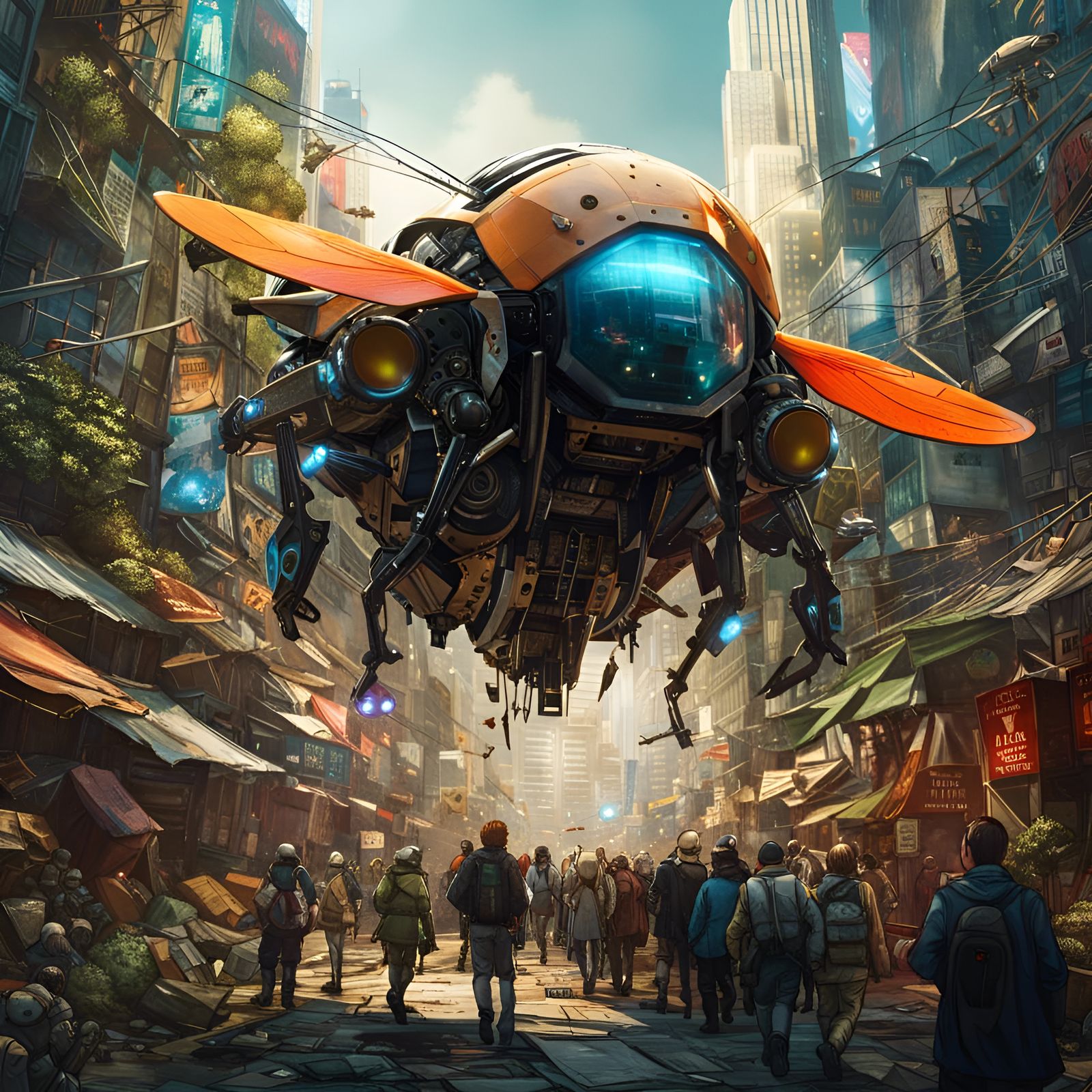 Robotic Fly Over Cityscape in Hyperdetailed Style