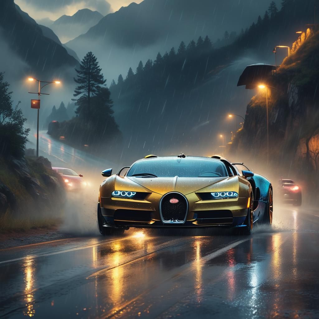 Bugatti Drifting in Rain: Hyper-Realistic Oil Painting