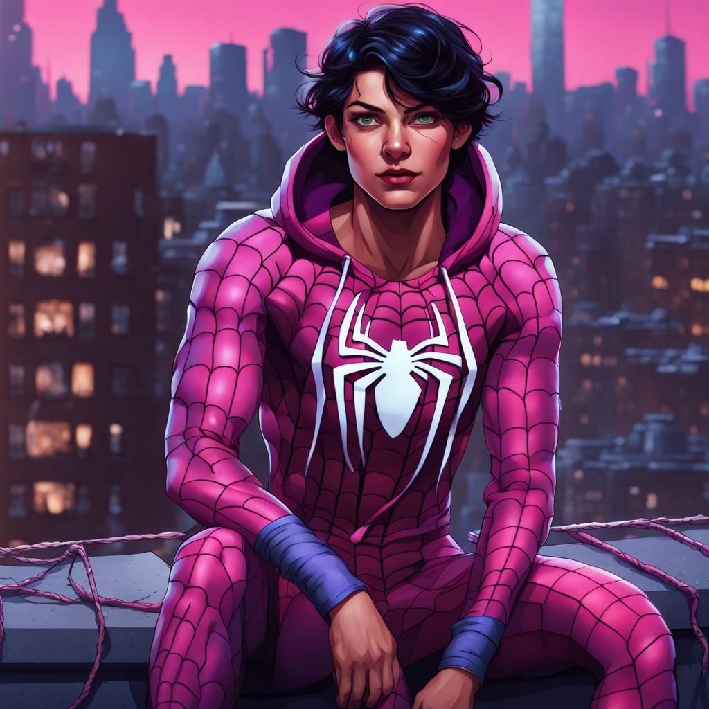 Pink and Purple Spiderman Variant on Rooftop