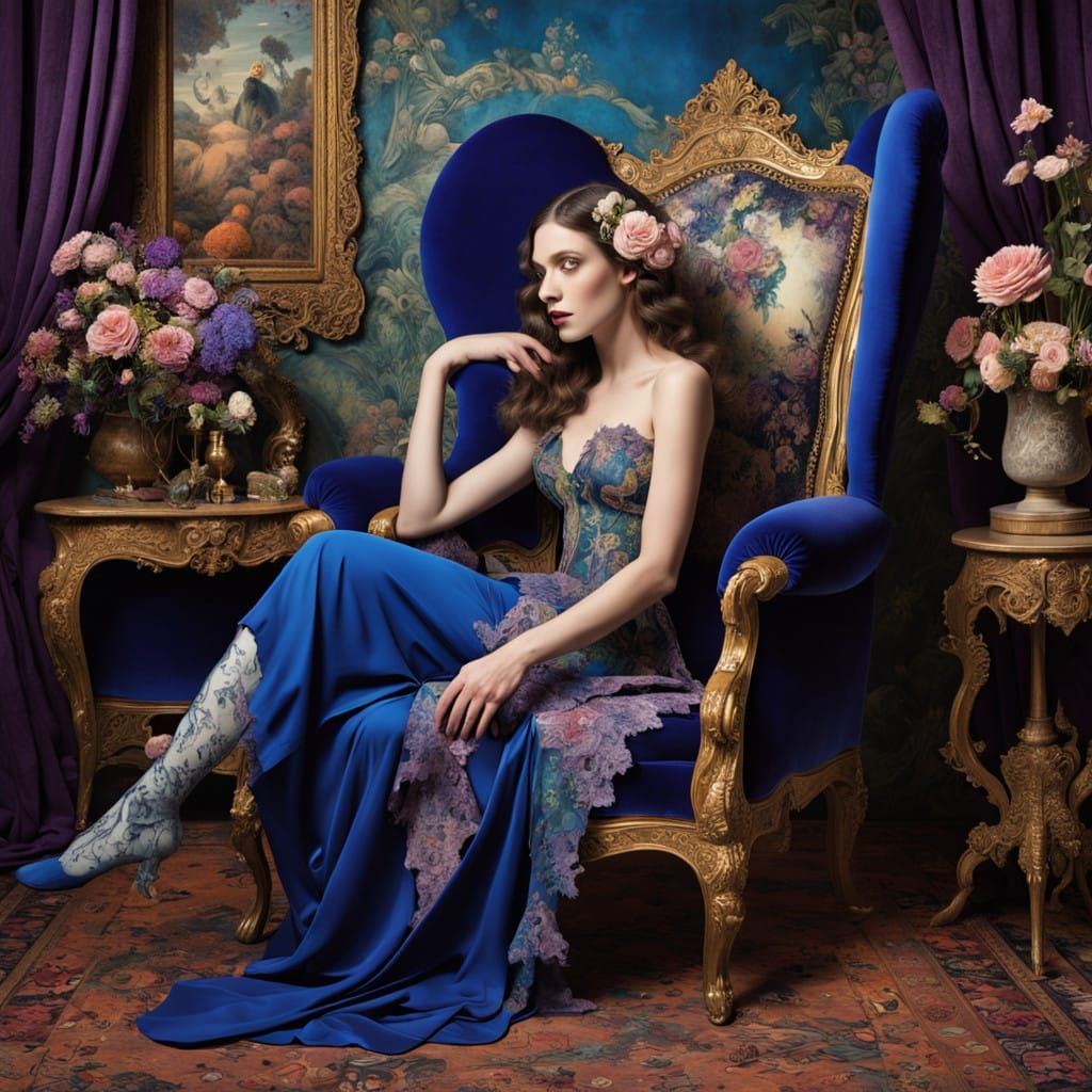 Dreamlike Goddess on Antique Chair with Flowers and Vines