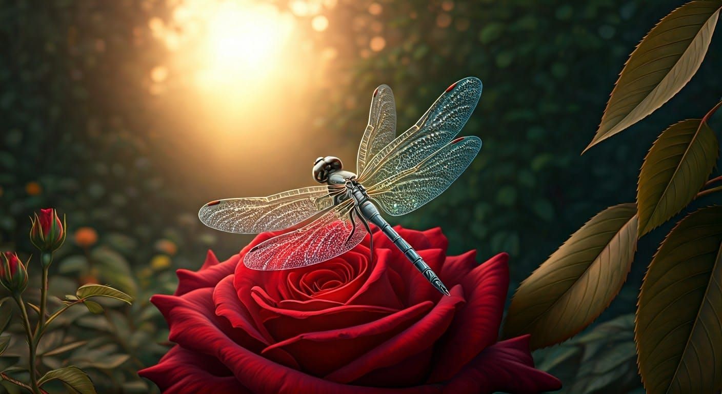 Dragonfly on Rose: Ethereal Garden Scene