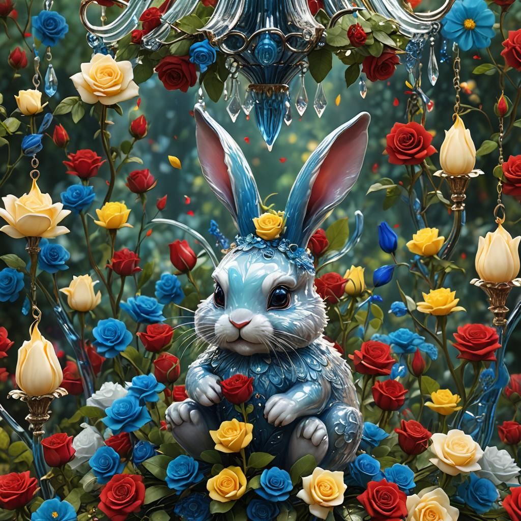 Azure Bunny Hugs Duckling Under Glass Dome