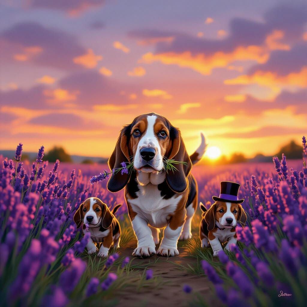 Basset Hounds in Lavender Field at Sunset