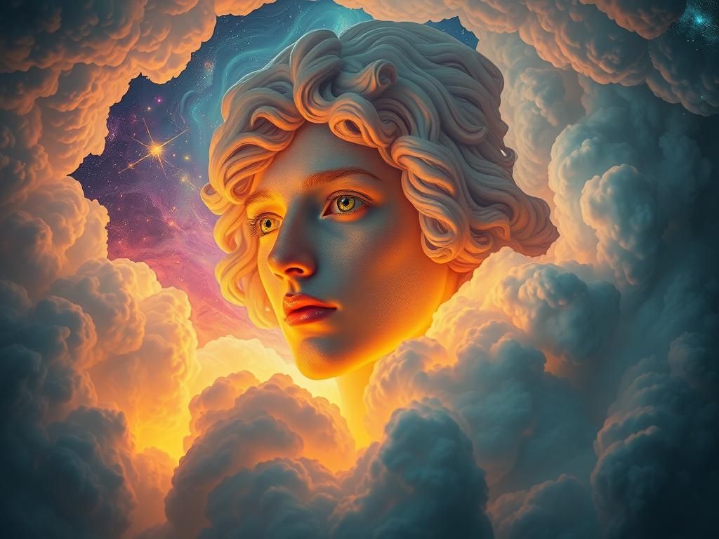 Celestial Being in Iridescent Clouds, Hyperrealistic Renderi...