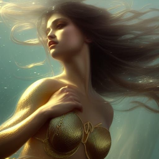Iridescent Mermaid in Golden Light, Fantasy Art