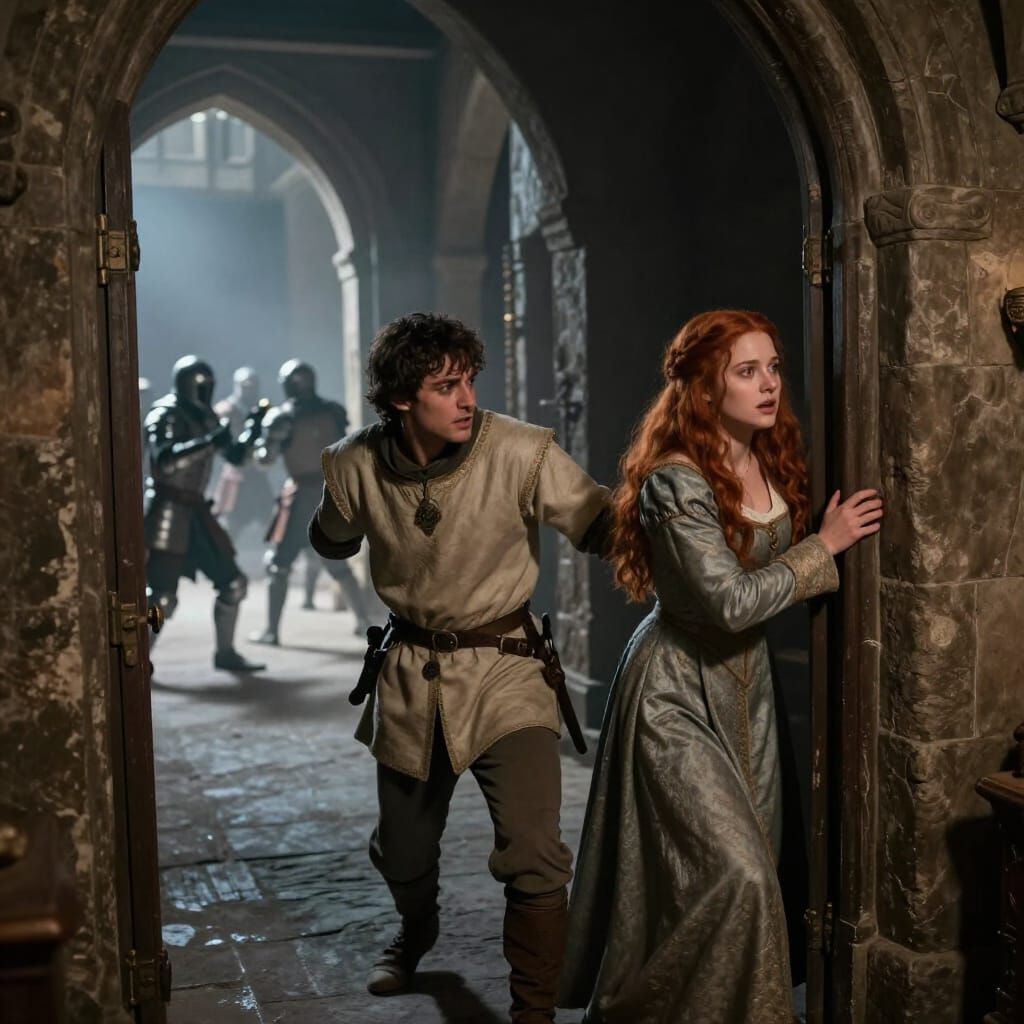 Medieval Castle Corridor at Night: A Tense Encounter