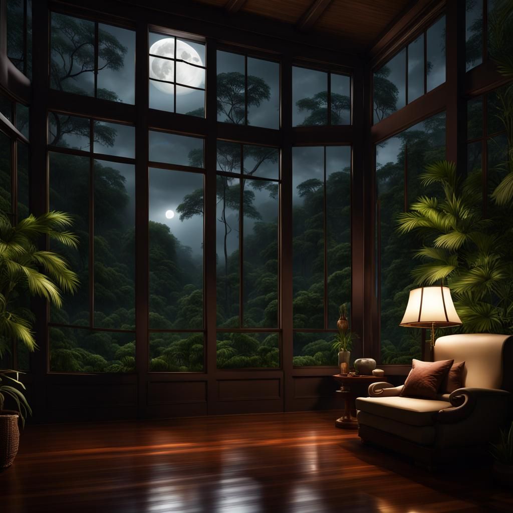 Moonlight shining,deep lightning in a tropical glass room