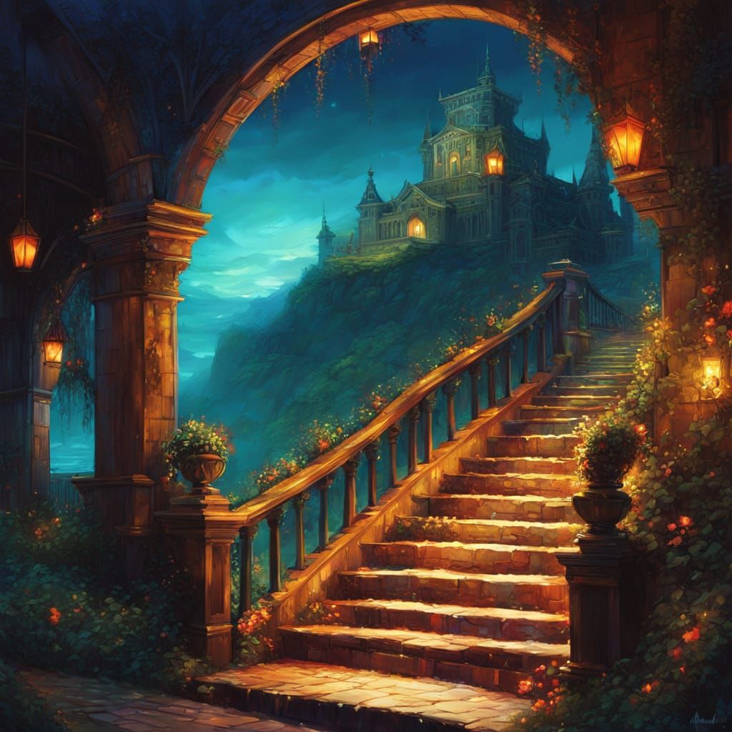 Surreal Woman Descends Stairs in Dreamy, Colorful Fantasy Sc...