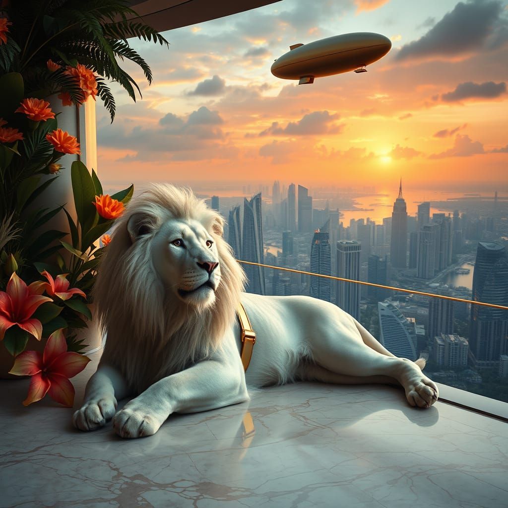 Majestic White Lion on Balcony Overlooking Retro Sci-Fi City...