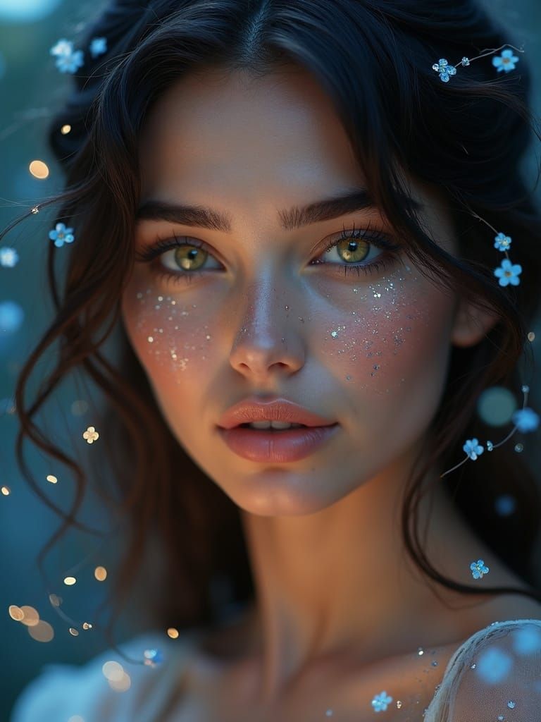 Celestial Beauty: Woman with Fairy Lights and Glitter