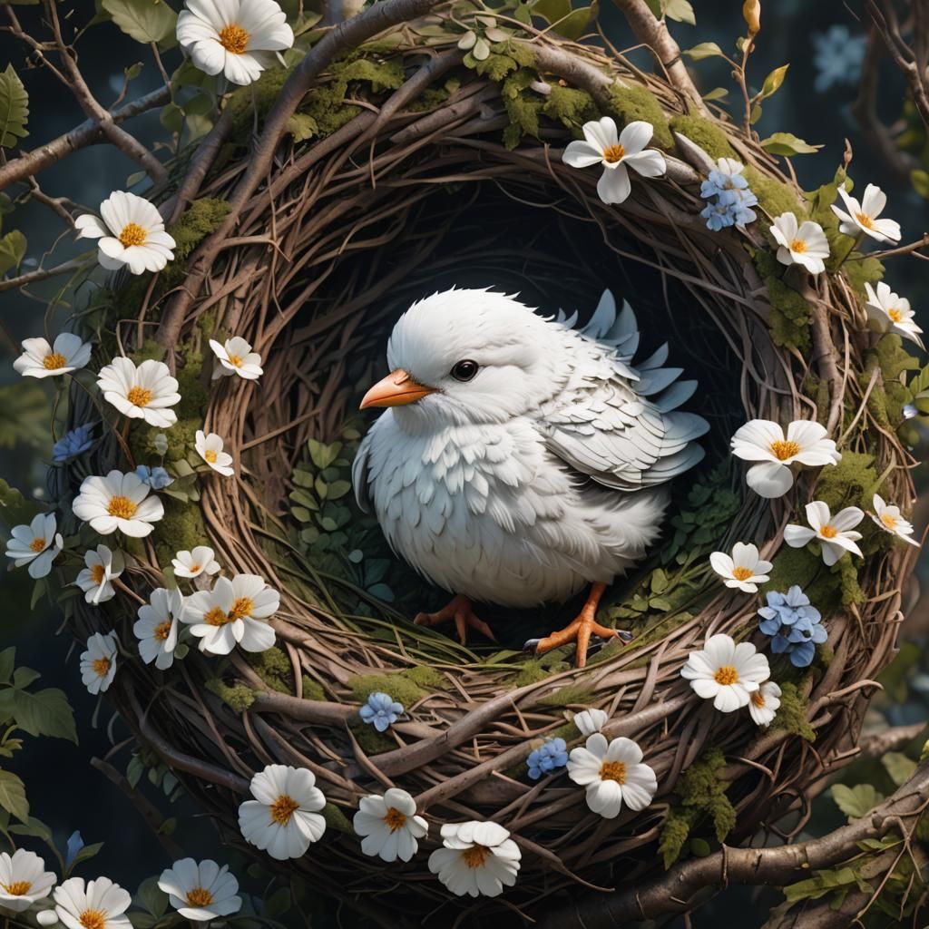 Cute White Bird in Nest: Detailed Matte Painting