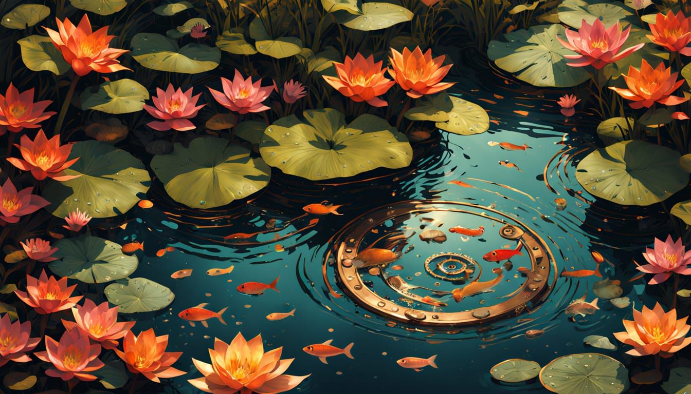 Steampunk Stream with Golden Fish in Digital Art